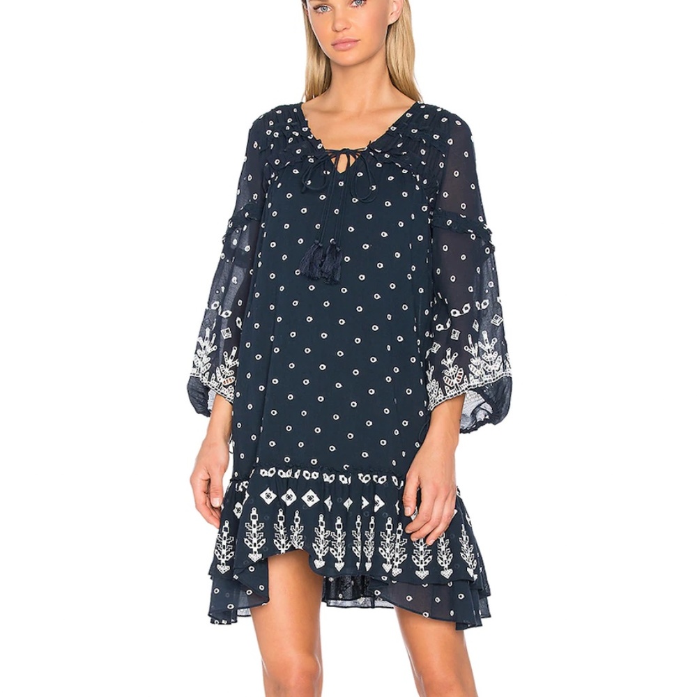 Derek Lam 10 Crosby Bell Sleeve Ruffle Dress Navy Blue